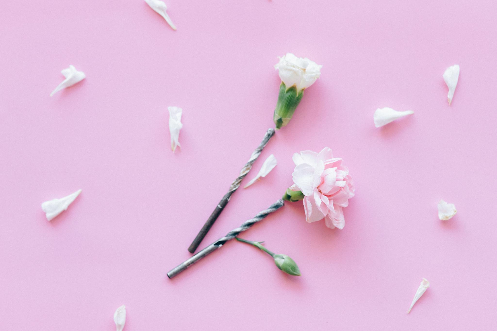 Soft pink flowers and drill bits create an artistic contrast on a pastel pink background.